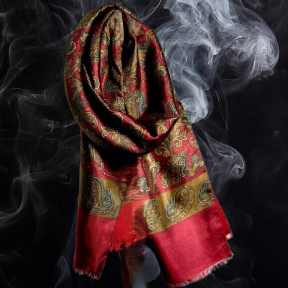 Christian Dior Wine Paisley Silk Face Wool Back Long Rectangle Muffle Scarf - Picture 2 of 7